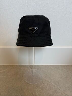 Prada Black Logo Triangle Bucket Hat